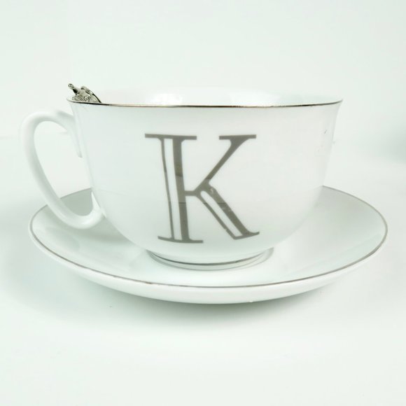 Bella Lux K Monogram Teacup, Saucer, & Spoon Holiday Collection White Silver - Picture 2 of 7